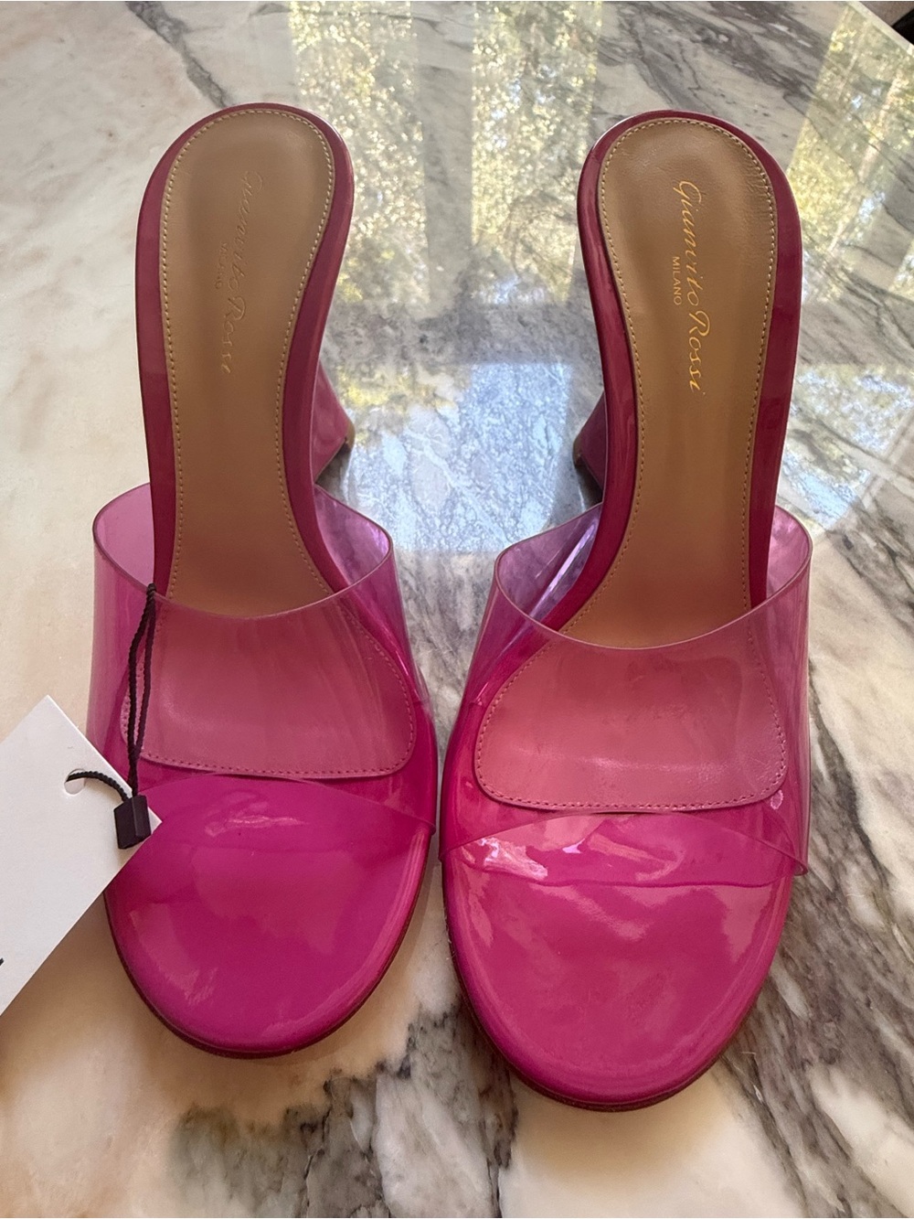 Gianvito Rossi Fuchsia Patent and Clear Slide Mules